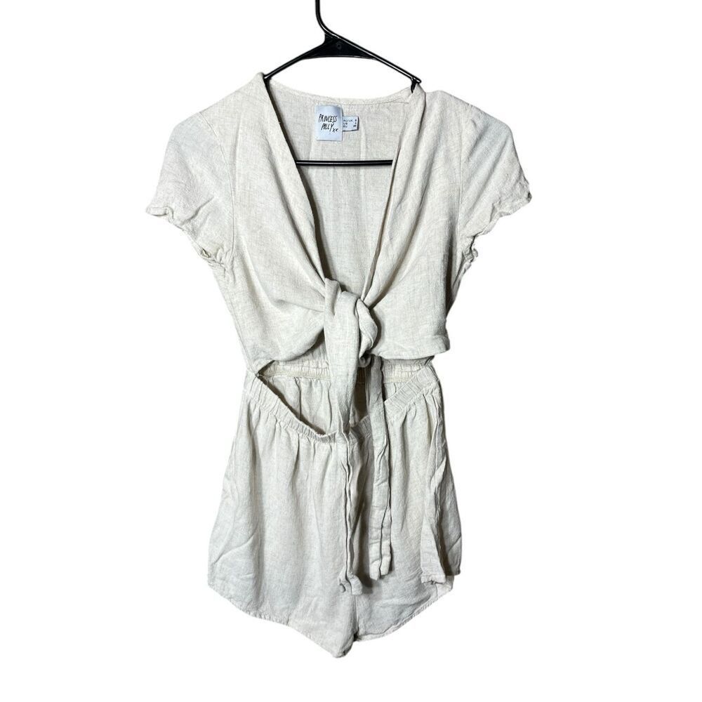 Princess Polly Ragnar Beige Linen Blend‎ Tie Front Romper Size 4